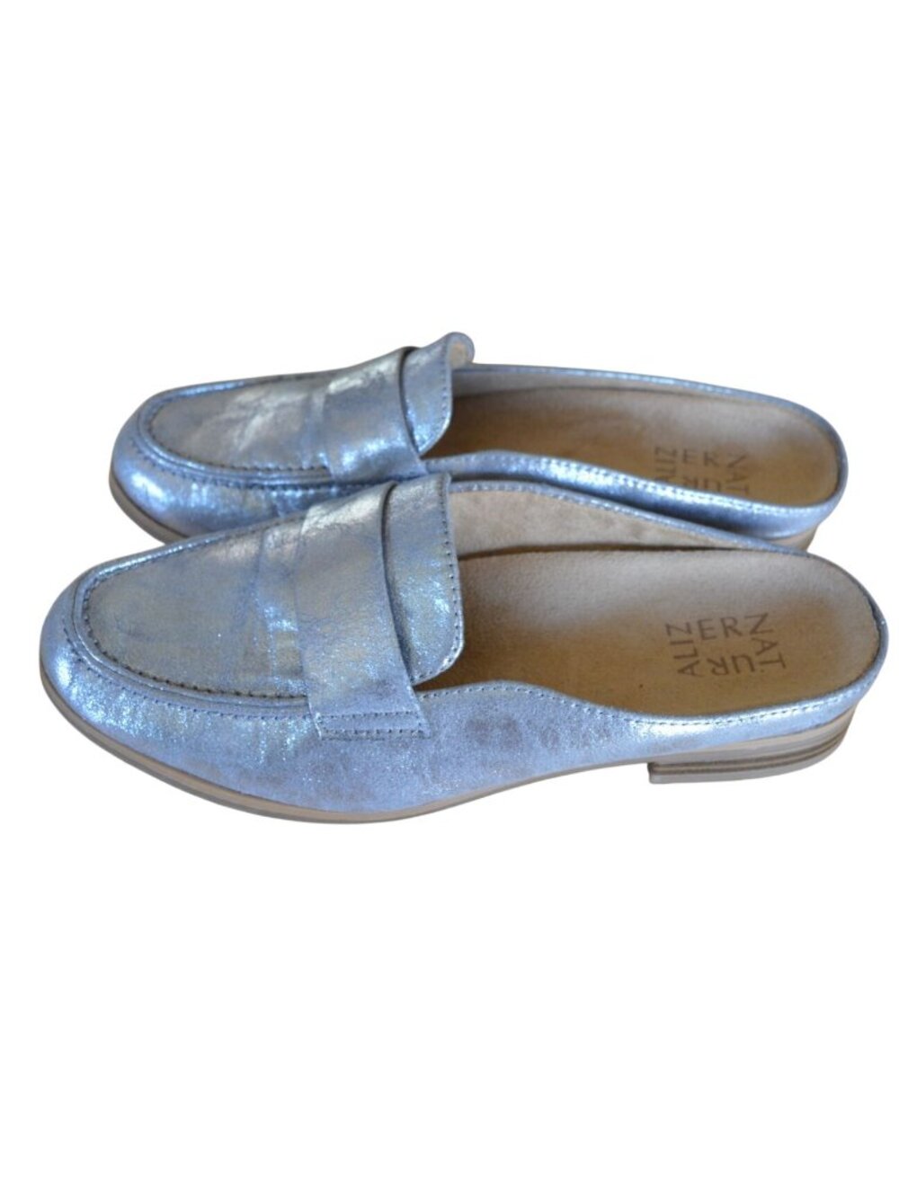 Naturalizer Metallic Silver Slip On Mule Loafers Top Strap Womens Size 8 Casual